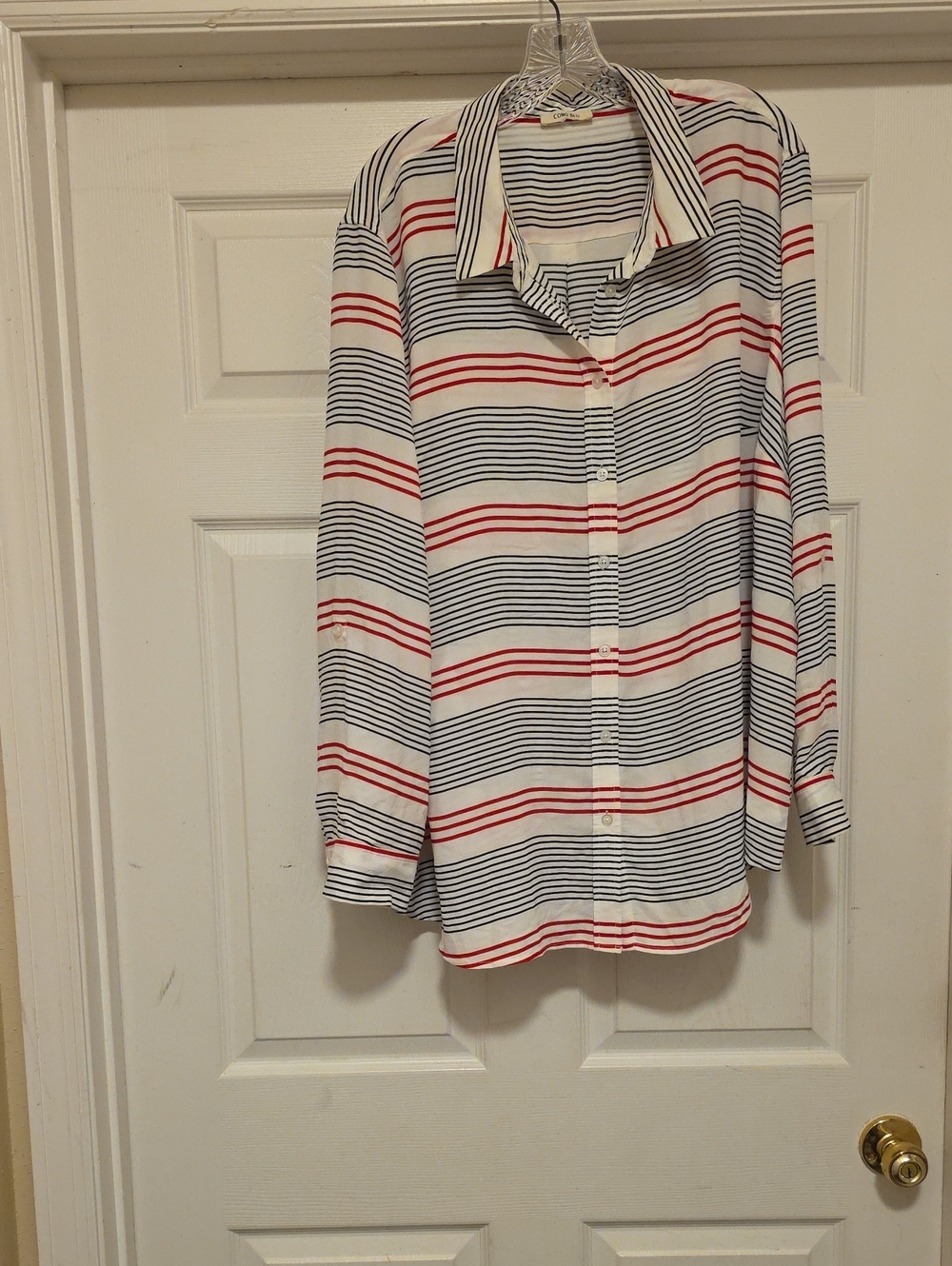 Women's Striped Button-Down Shirt - White with Red & Navy Stripes